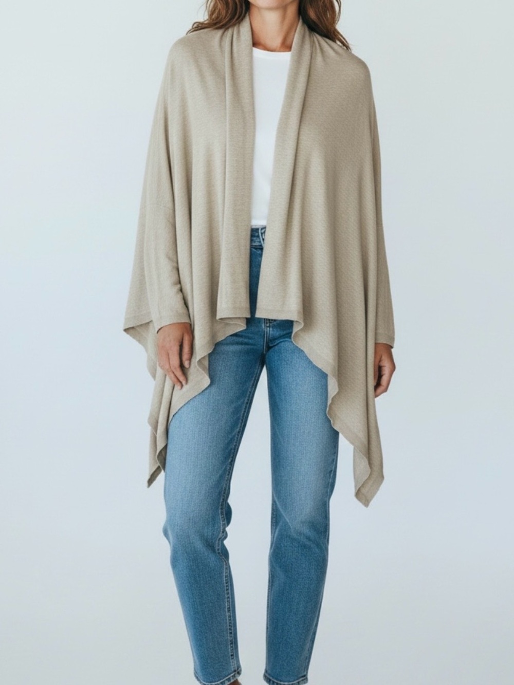 Eileen Fisher Open Front Draped Waterfall Cardigan Sweater, Oatmeal, Size L